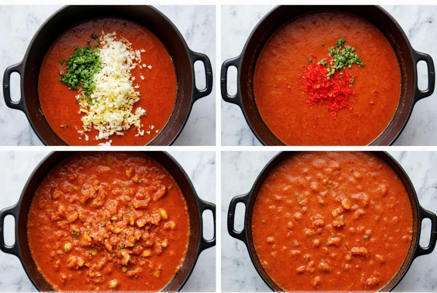 Step-by-step preparation of hearty tomato juice chili in cast iron pot with fresh ingredients