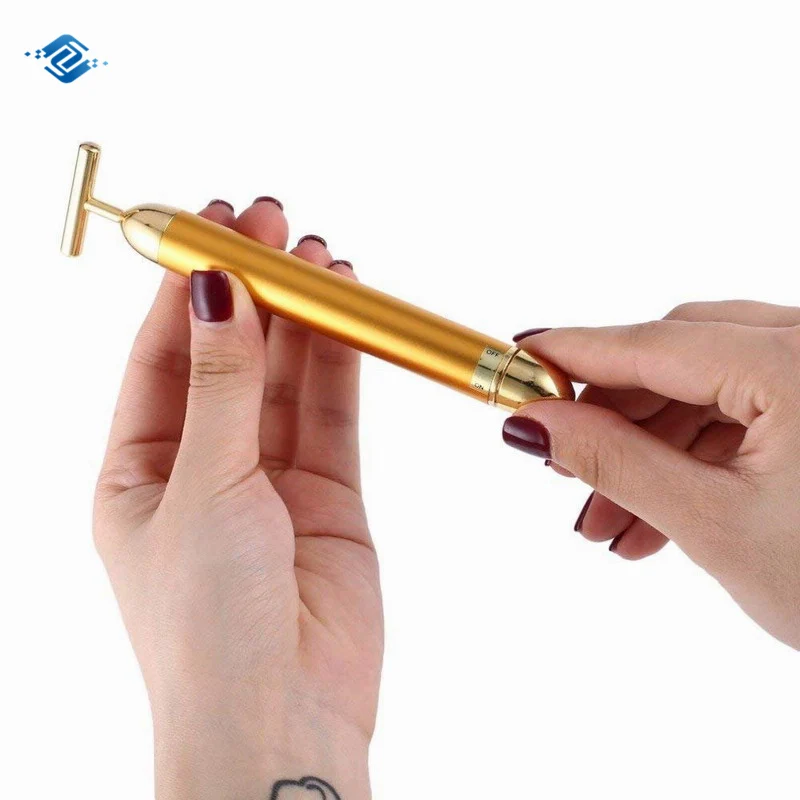 

Skin Firming T-type Golden Gold Beauty Bar Pulse Battery Operated Facial Massager t shape 24k gold beauty bar