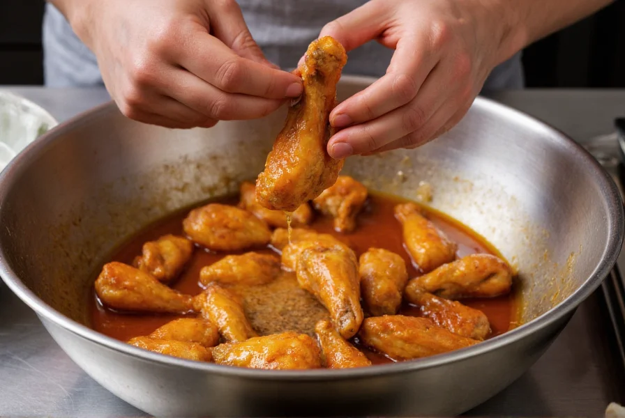 Chef tossing crispy chicken wings in glossy lemon pepper sauce in stainless steel bowl