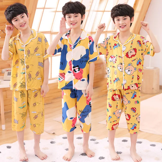 

Children summer new teenager cotton silk pajamas suit boys and girls thin short sleeves cropped trousers cool pajamas