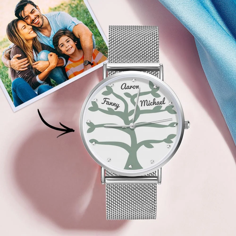 

Customized Engraved Name Family Tree Watch Silve Women's Alloy Bracelet Watch For Best Gifts