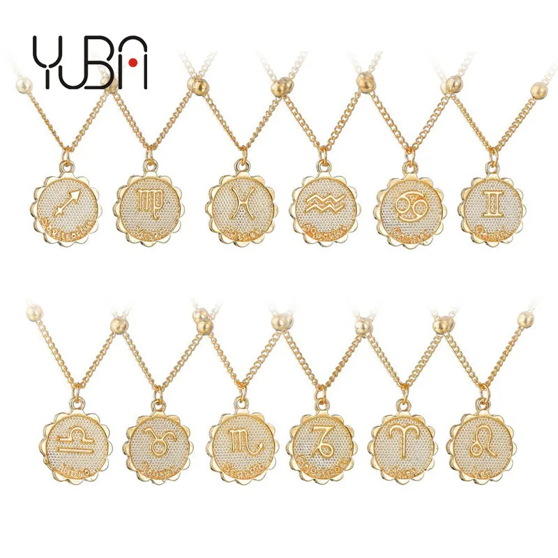 

Clavicle Chain Engraved Coin 12 constell necklace gold star sign pendant horoscopes astrology jewelry