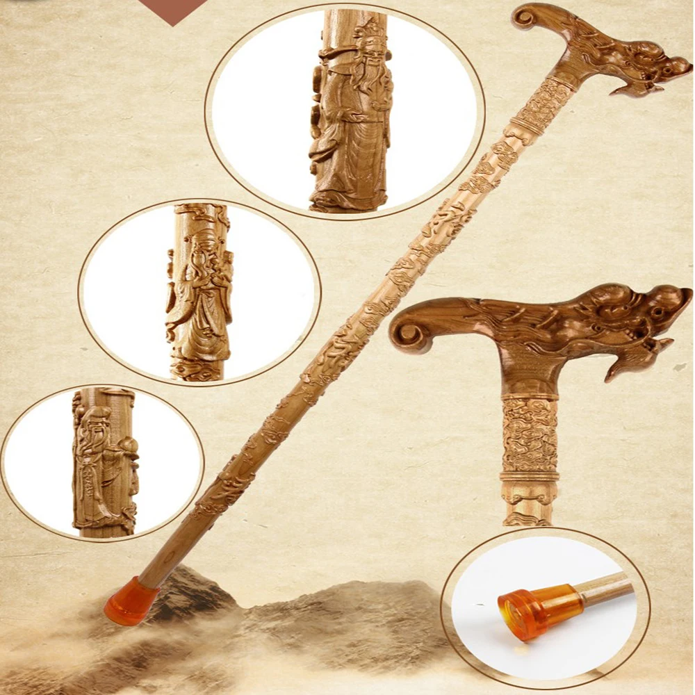 

Wholesale Hiking Pole Poles Root Walking Stick Handmade Peach Wood Carving Drawing Wooden Outdoor Tools Hand CARVED T-handle Box