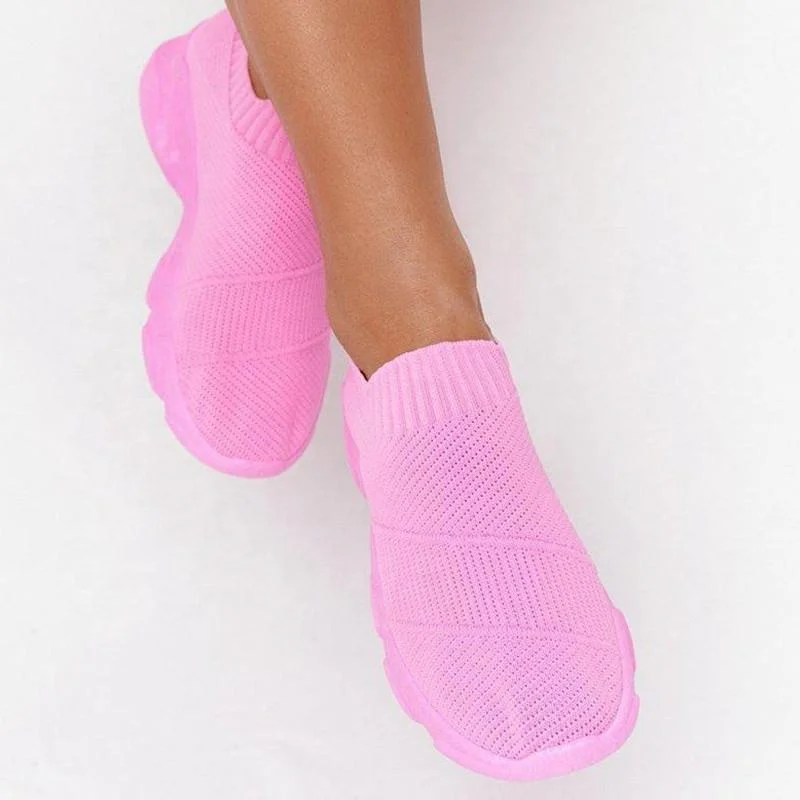 

Sexy Hot Pink Fly Weaving Round Toe Walking Shoes For Women Breathable Mesh Slip On Height Increasing Thick Sole Daddy Sneakers, White blue black grey hot pink, light pink