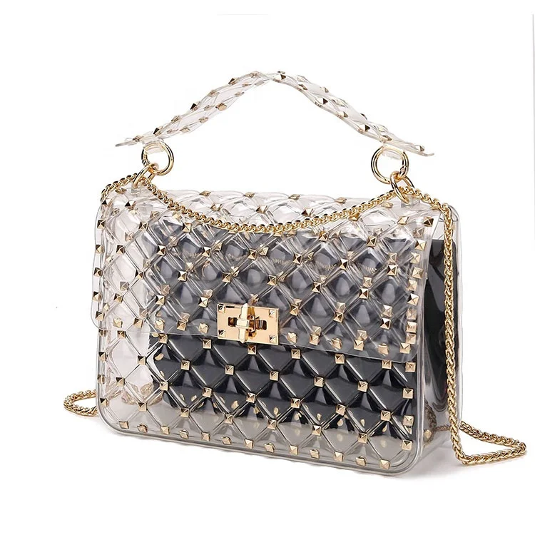 

2021 new design street lady rivet chain plaid transparent clear purses women handbags, Customizable