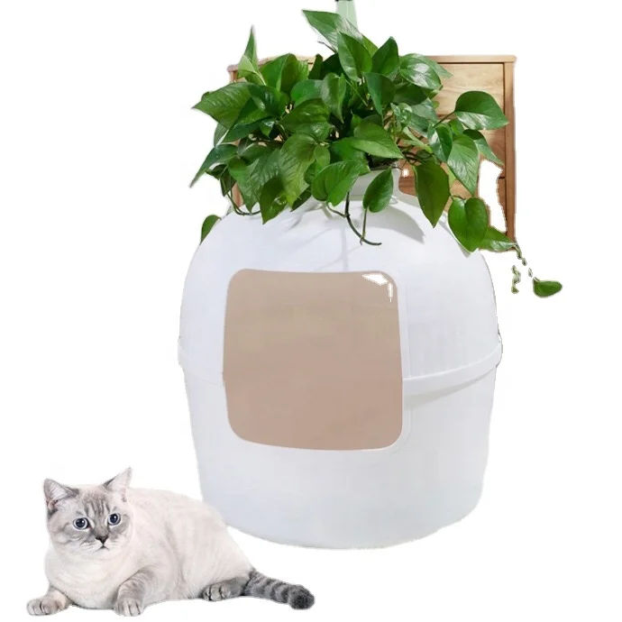 

Multifunctional Hidden Plastic biodegradable Cat Litter Box Tray with Plant Double Door Cat Furniture Nest, Greyish white