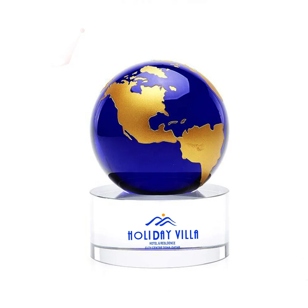 Wholesale Blue Crystal Globe / Base Custom logo / Crystal Ball Souvenir Award