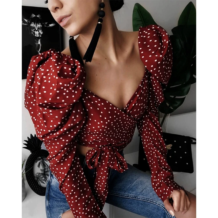 

Crop Top Print Hot Sell Women Loose Short Puff Long Sleeves Polka Dot Blouses & Tops Shirt / Blouse Casual Top for Women Fashion, As pictures show
