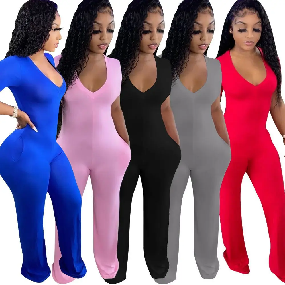 

Casual Flared Jumpsuit 2021 Summer Women Clothing V-neck One Piece Jumpsuit Pure Colour Wide Leg Pants Wear for Ladies