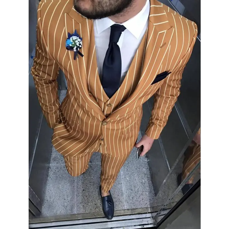 Latest Design Stripe Men Suits Slim Fit Casual 3 Pieces Business Groomsmen Lapel Tuxedos for Formal Wedding Wear