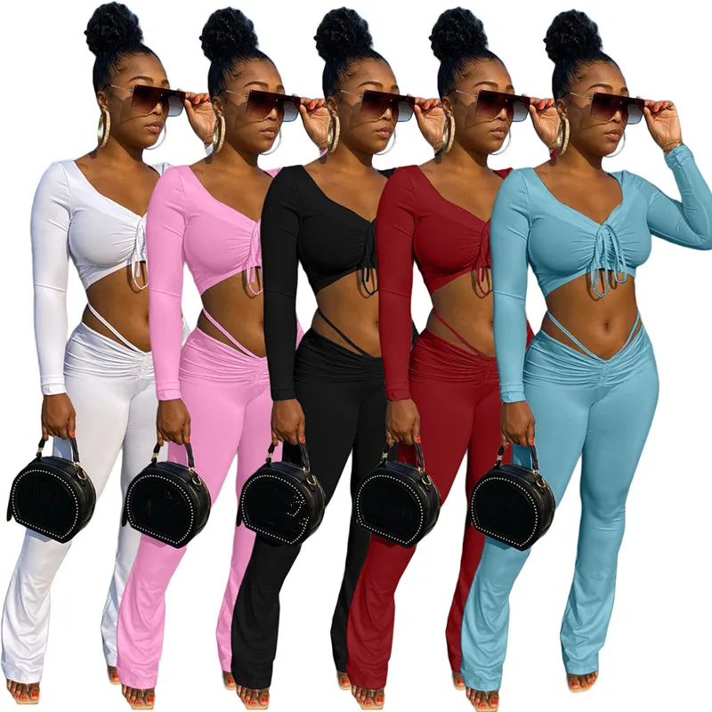 

B53671A Latest design women fashion pure color bandage t-shirt with pants, Black/pink/sky blue/burgundy/white