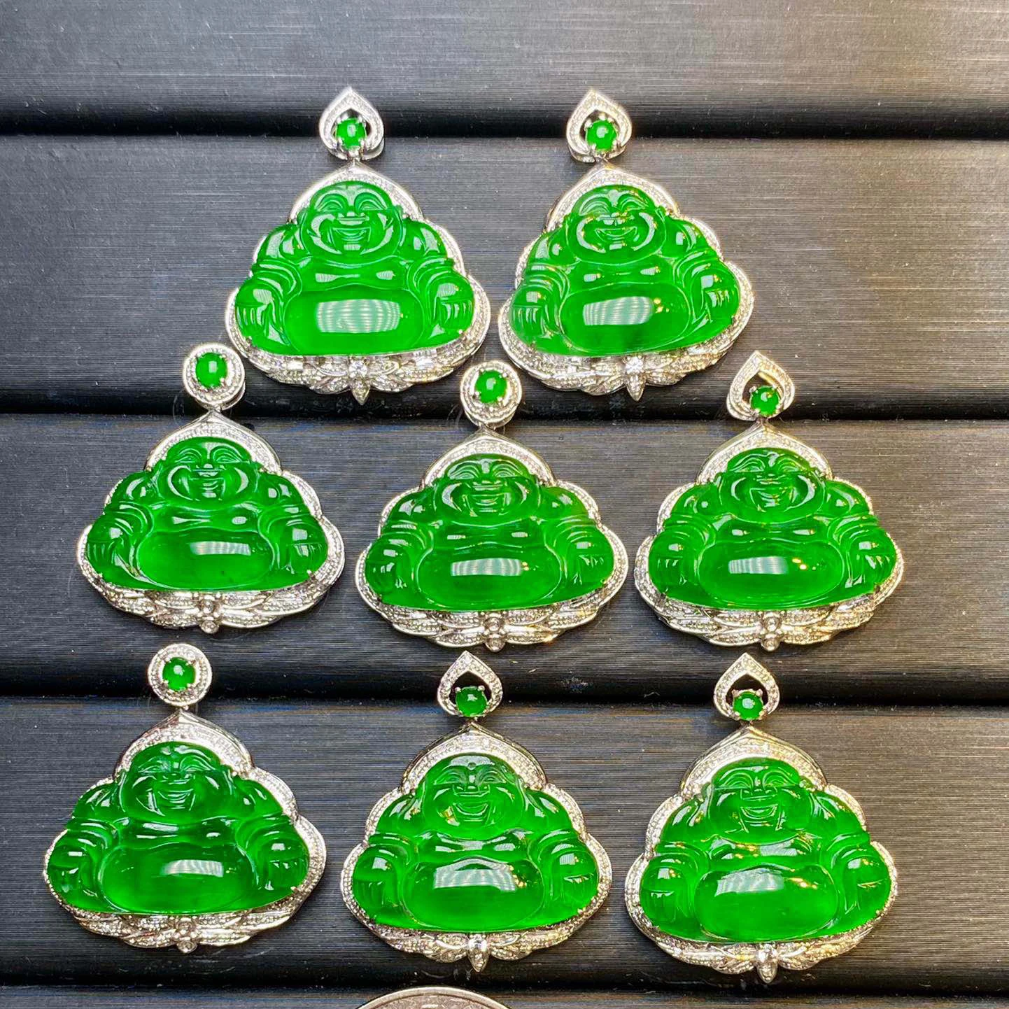 

18K Gold Diamond Pendant A Grade Jadeite Laughing Buddha White Gold Jade Buddha Pendant Necklace