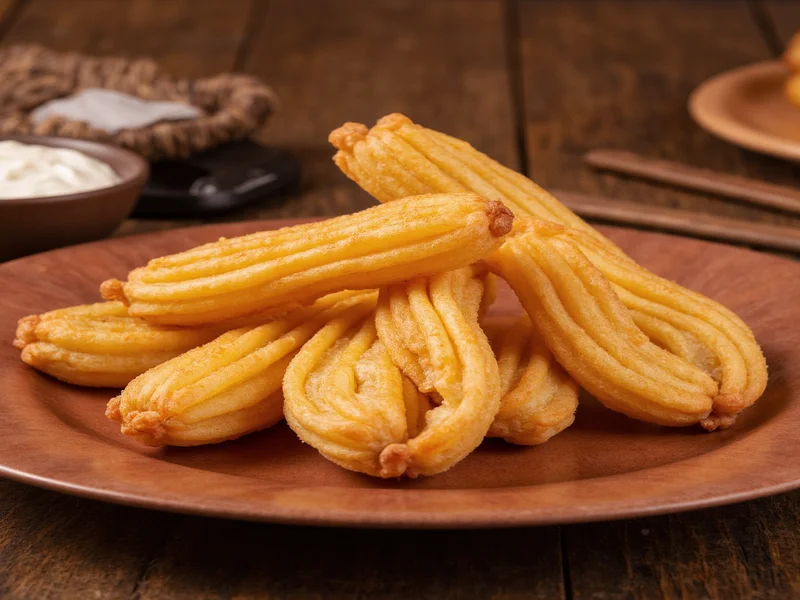 Golden homemade churros piled on rustic wooden plate