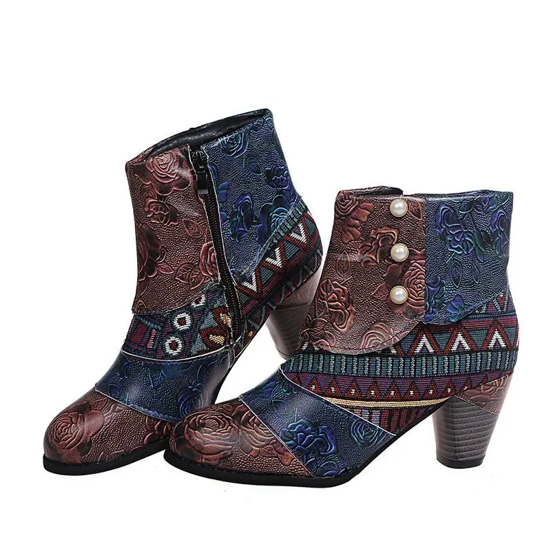

Big Size Women Wedge Shoes Block Heel for Women Vintage Patchwork Design Ankle Boots, Picture