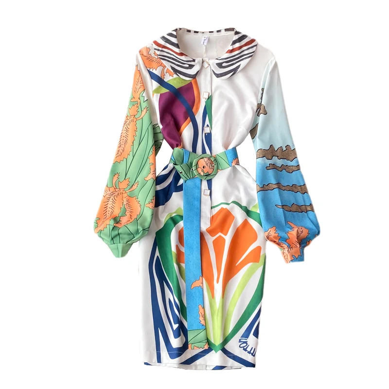 

Trendy New 2022 Spring Digital Printed Women's Casual Dress Cardigan Long Sleeve with Belt Chiffon Shirts Dresses