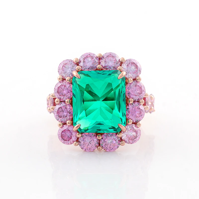 

Luxury Wedding Ring Green Lab Emerald 13*15mm Center Round 5mm Pink Moissanite Rose Solid Gold Ring