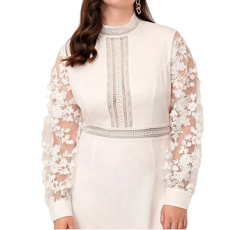 

Evening Prom Floral Embroidered Mesh Sleeve Elegant Casual Lace Tape Plus Size Clothing Dresses, White