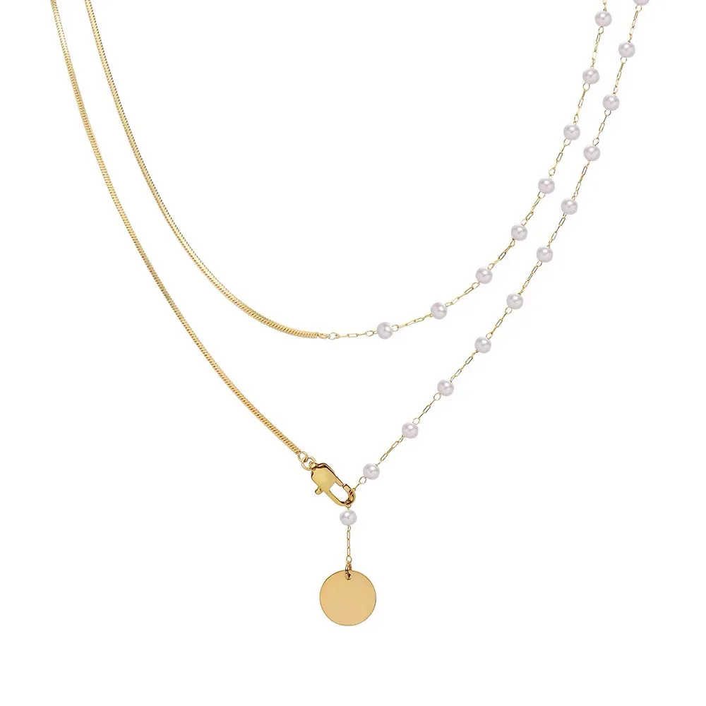 Fashionable 18K Gold Plated Double Layer Pearl Splicing Long Snake Bone Chain Stainless Steel Statement Charm Necklace YF4022