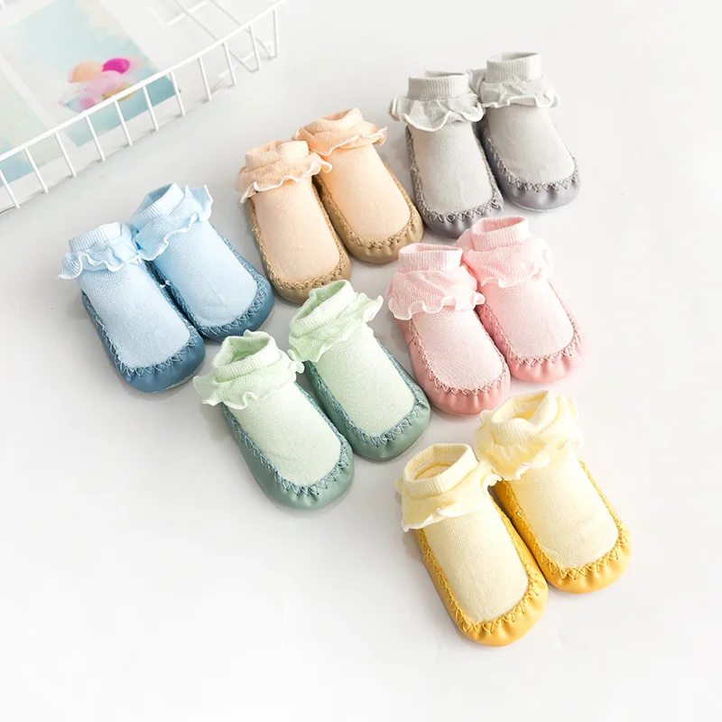 

Cute baby girls non slip socks shoes with ruffle plain cotton kids sock shoes for baby