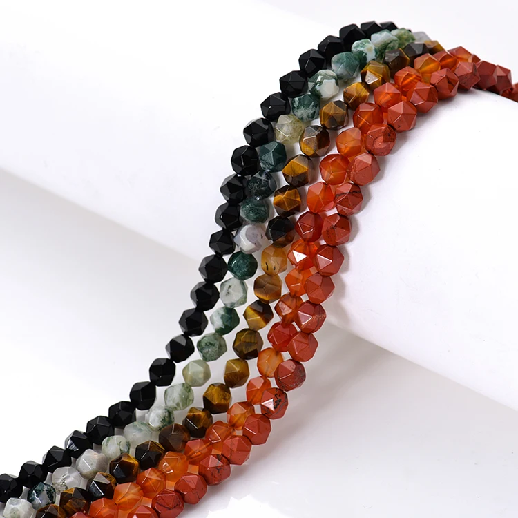 

Wholesale Faceted Black Onyx Tree Agate Tiger Eye Stone Red Agate/Stone Natural Stone Loose Beads For Making Jewelry 15"Strand