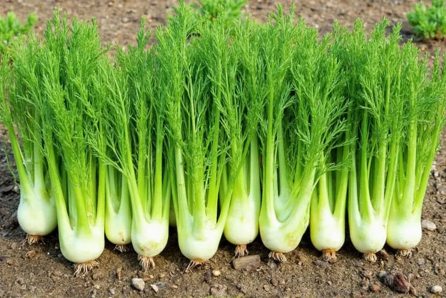 Healthy fennel plants at various growth stages showing proper bulb development and foliage