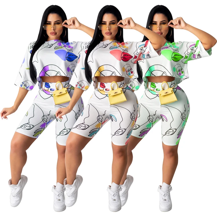 

Hot Sale Ladies Clothing Cartoon Print Loose Crop Top Shorts Summer Jogger Women 2 Piece Set, Picture shown