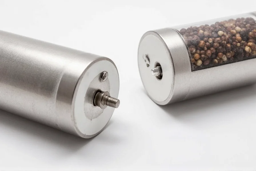 Close-up comparison of ceramic versus stainless steel grinding mechanisms in salt and pepper mills