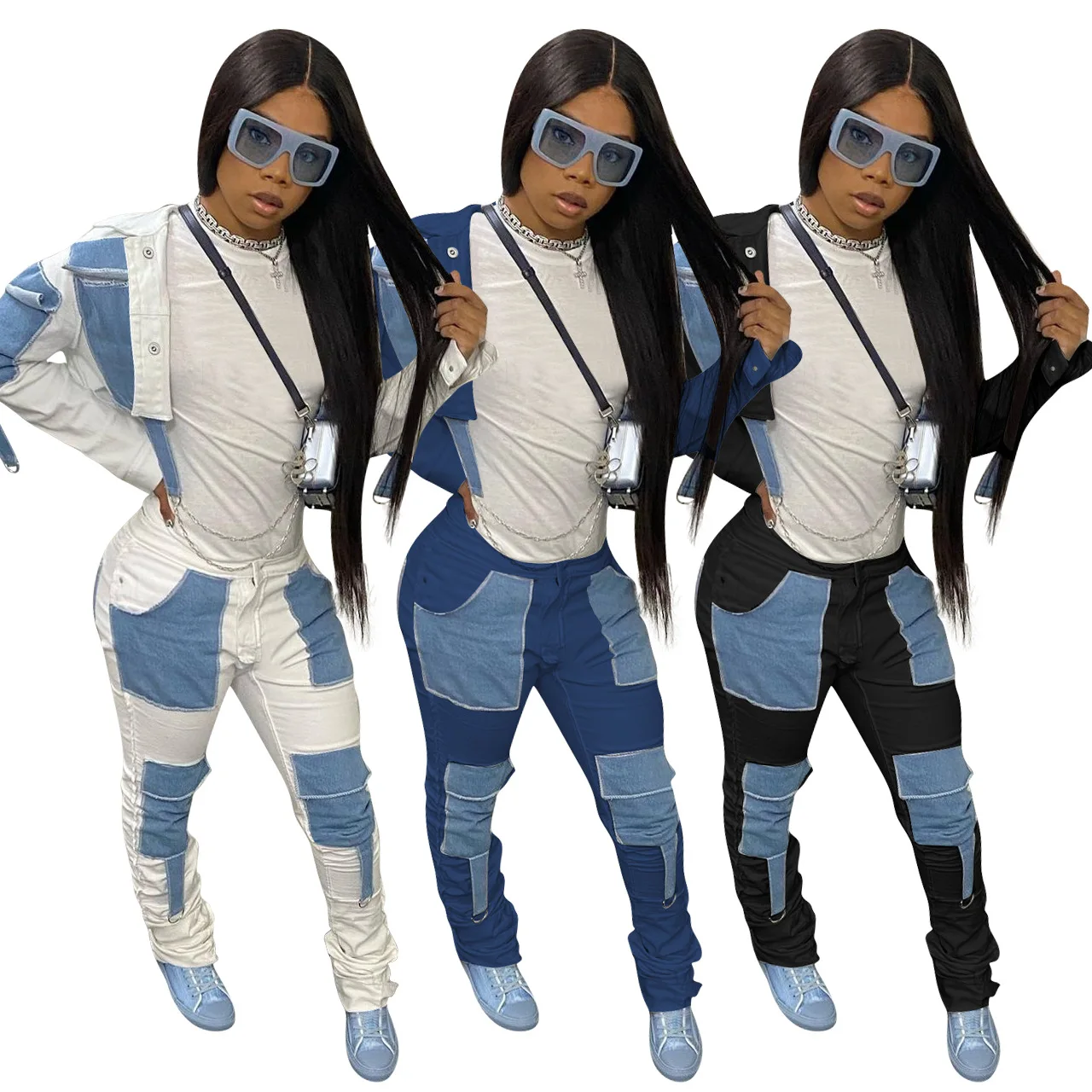 

HOT European and American women's real pocket stacking pants denim casual suit