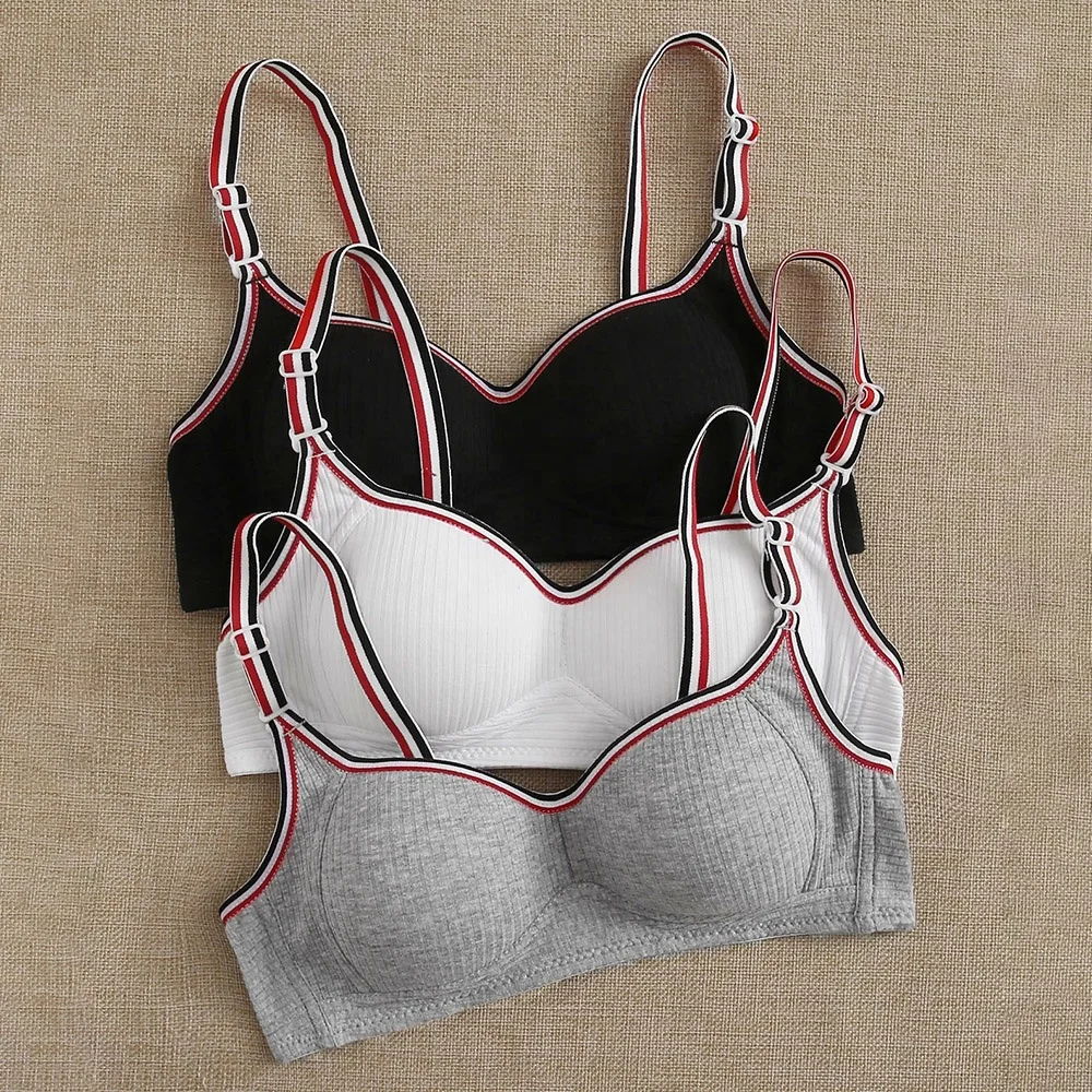 

Wholesale Solid Color Rib Stripe Trim Cotton Bra for Women