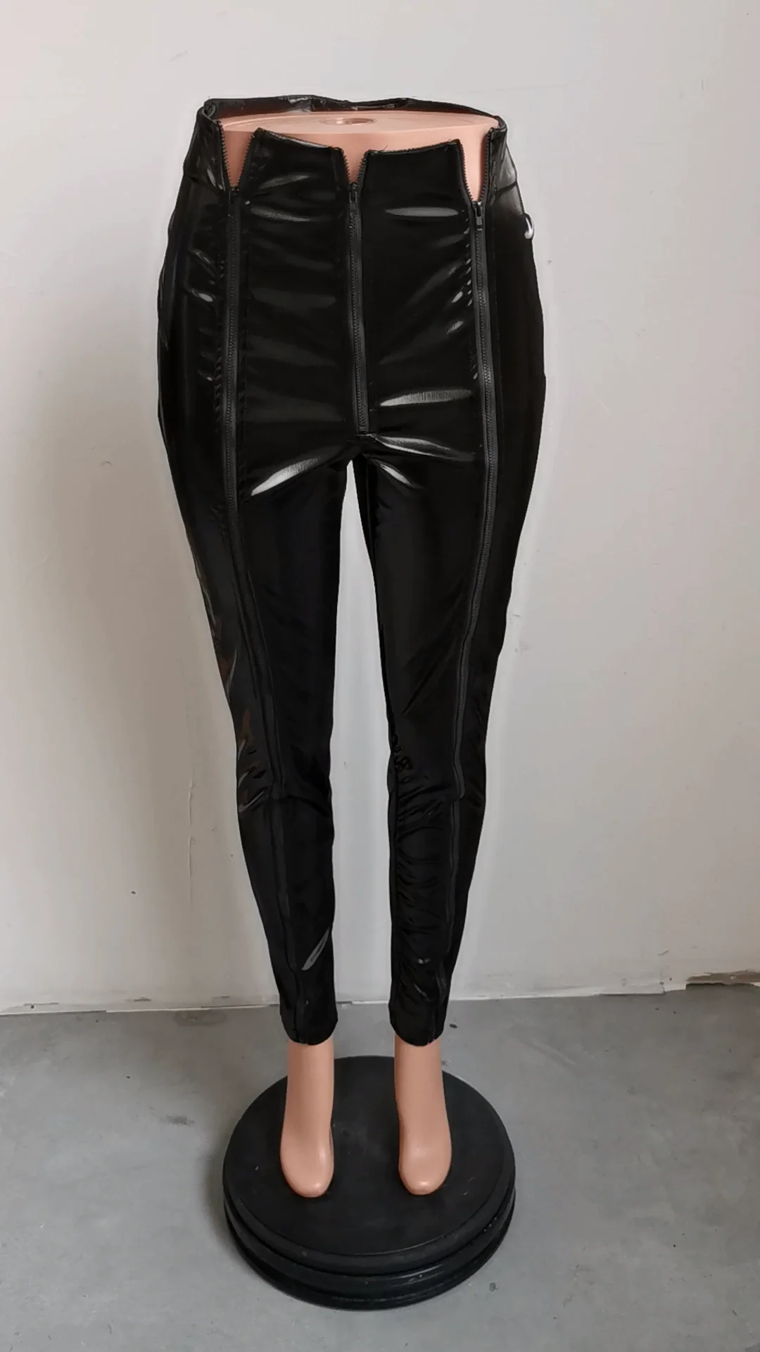 2020新款优质性感闪亮pu黑色高腰拉链仿皮裤子女