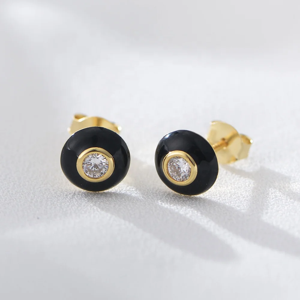 

Ins Simple Design Black Oil Button Studs Fine Jewelry S925 Sterling Silver Zircon Enamel stud Earrings For Women girl Gift