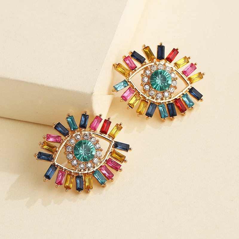 

Hot Selling Latest Luxury Gold Statement Rainbow Crystal Rhinestone Evil Eye Earrings for Girls Women