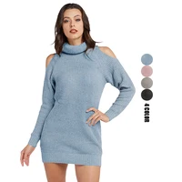 

2020 Autumn Winter Fashion Plain Long Sleeve Cold Shoulder High Collar Pullover Sweater Dress Women