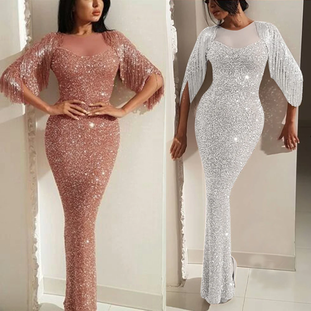 

KSN4226 Tassel Sequined slim bag hip fishtail swing women short sleeve long evening dresses