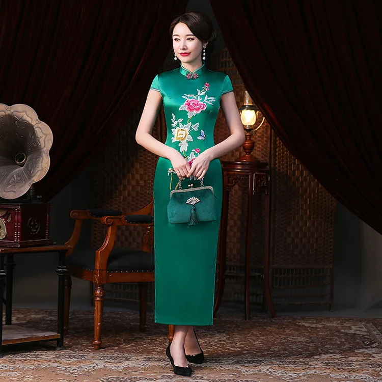 

Qipao Women clothing Readymade short sleeve green silk geleneksel cin giyim traditional chinese cheongsam short qipao dress