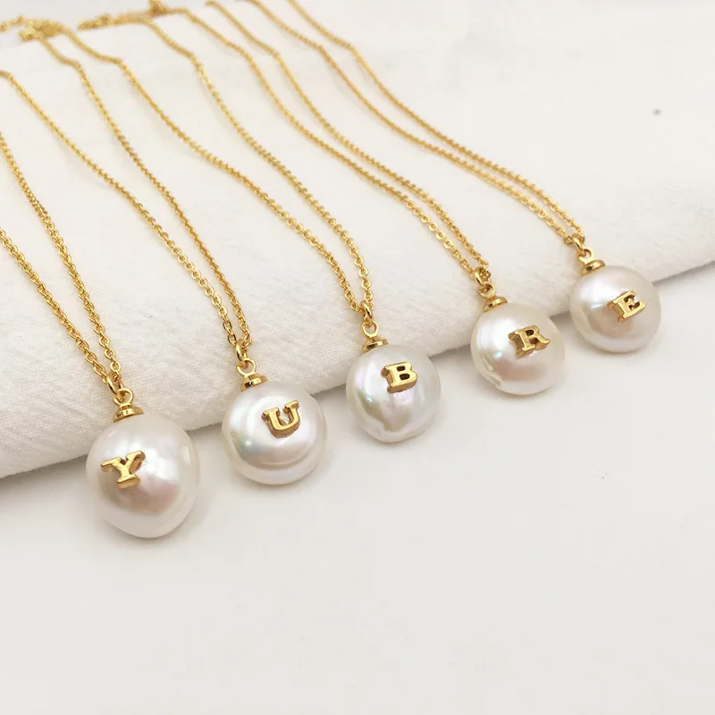 

Simple Women Elegant Baroque Pearl Necklace Personalized 26 Alphabets Engraved Natural Freshwater Pearl Necklace, Gold