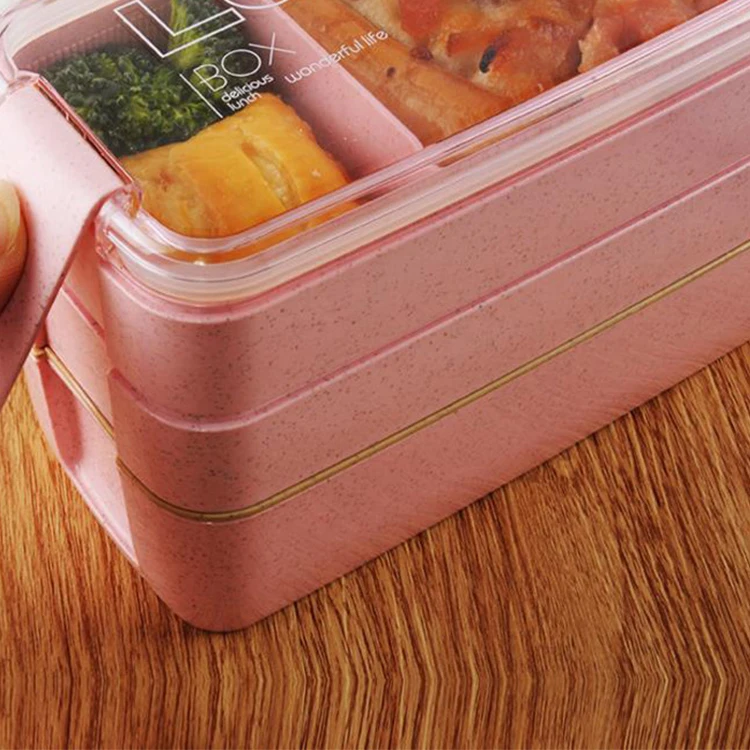 

Three Layers Contain Knife And Fork Food Wheat Straw Lunch Box Plastic