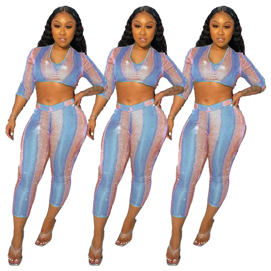 

Women Sexy Gradient Crop Top 2 Piece Clothing Sets Patchwork Gild Tank Top And Ninth Pants Fit Slim Club Flash Set, Blue