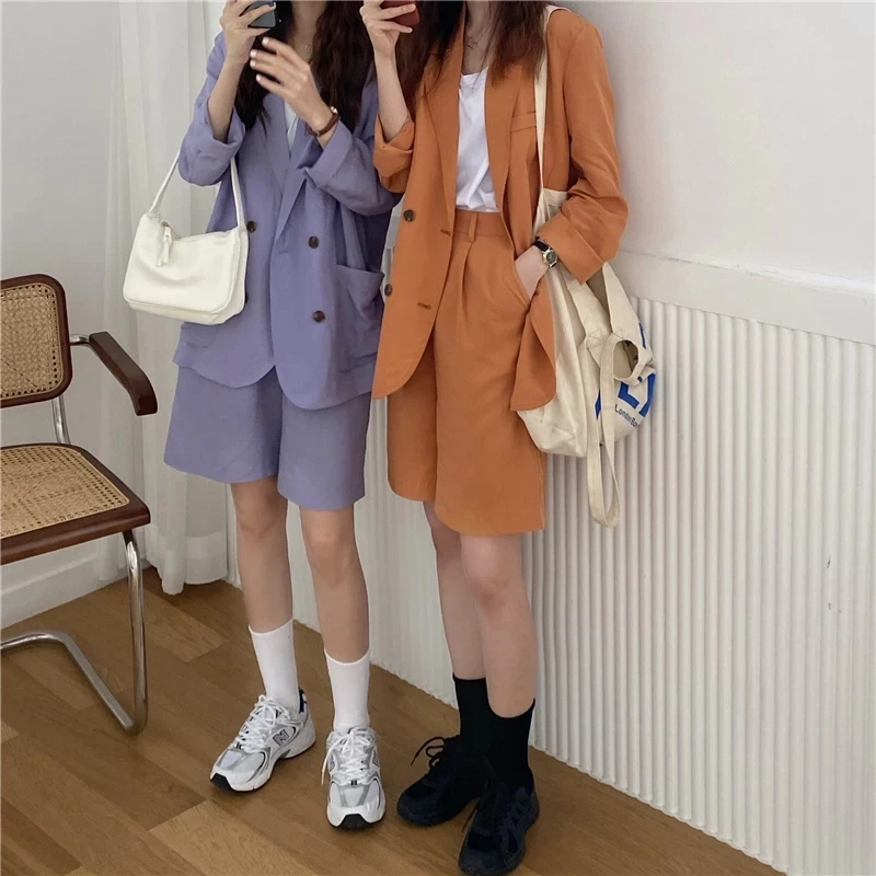 

L069 Two-piece Suit Purple Spring Womens 2021 Fashion Ladies Trendy Blazer Set Shorts Casual Clothes