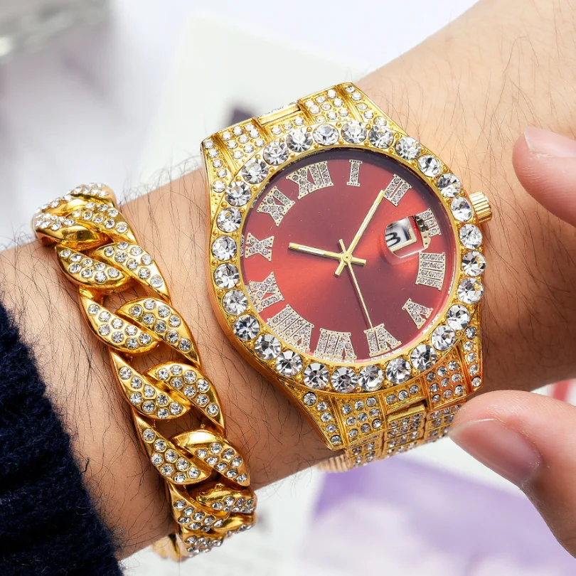 

Real Gold Plating Roman Numeral Cubic Zircon Cuban Chain Bracelet Watch Set Hip Hops Full Diamond Watch For Rapper