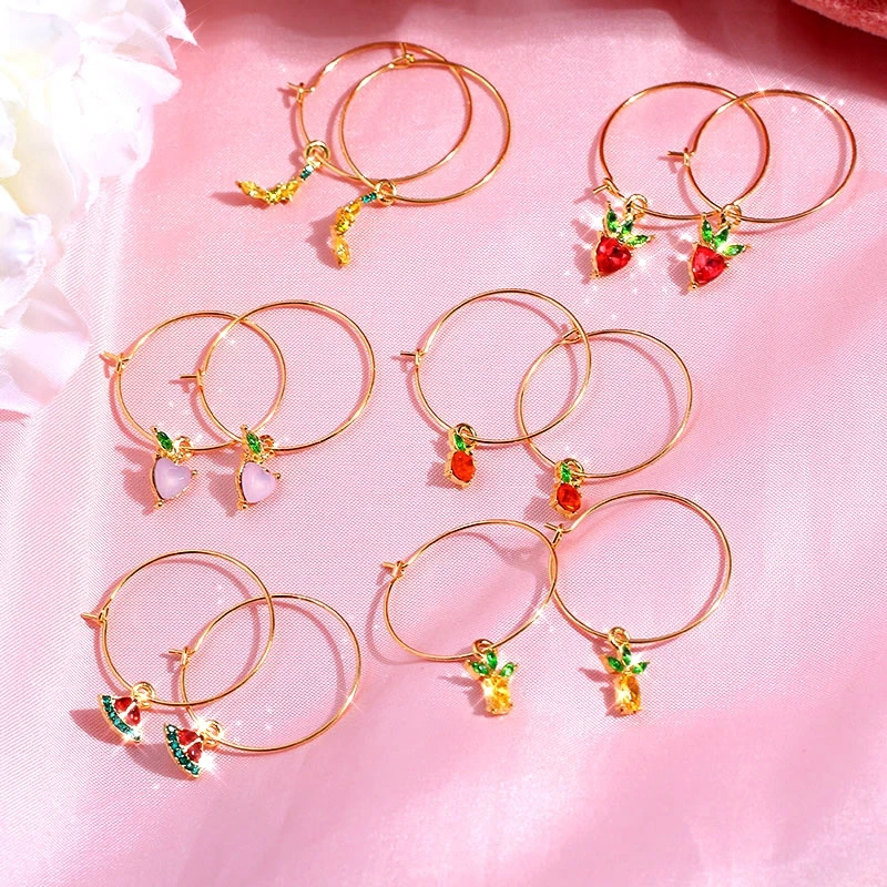 

2020 New Design Korea Sweet Jewelry Gold Color Metal Circle Earrings Cute Pineapple Grape Cherry Crystal Fruit Drop Earrings, 9 fruit