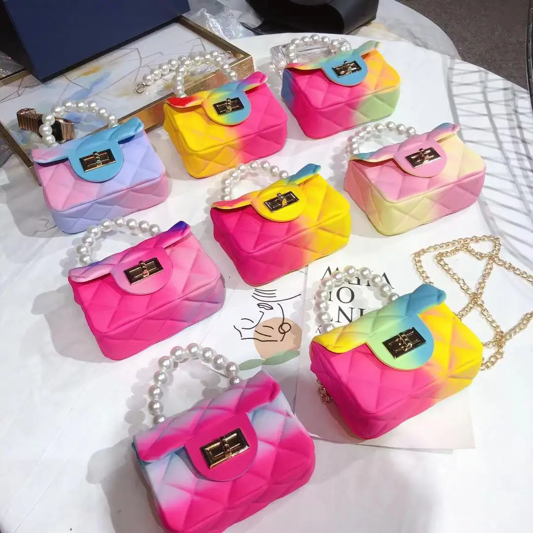 

2021 New Jelly Chain Square Bag Women Mini Handbags Tote Cute Candy Color Crossbody Bags for Girls Coin Pouch Pearl Hand Bags, Picture color