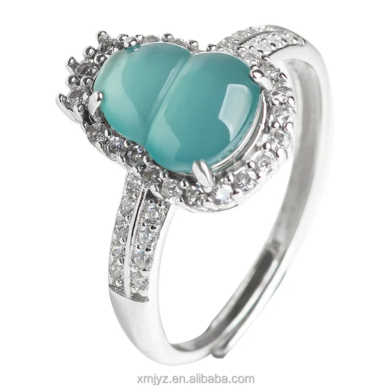 

Certified Grade A S925 Silver Inlaid Natural Jade Blue Water Gourd Ice Jade Stone Ring Fashion Ring Women's Adjustable