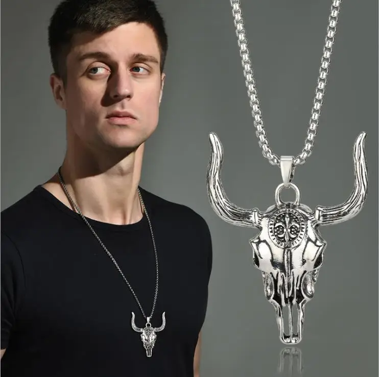

hiphop Bullhead skull cool male titanium steel necklace male domineer retro street western bull bone punk pendant chain