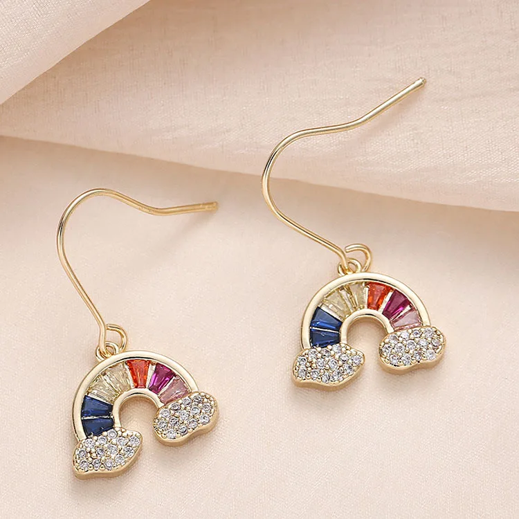 

EC1740 Small Womens 18k Gold Plated CZ Micro Paved Rhinestone Rainbow Dangle Charm Stud Earrings for Women Girls