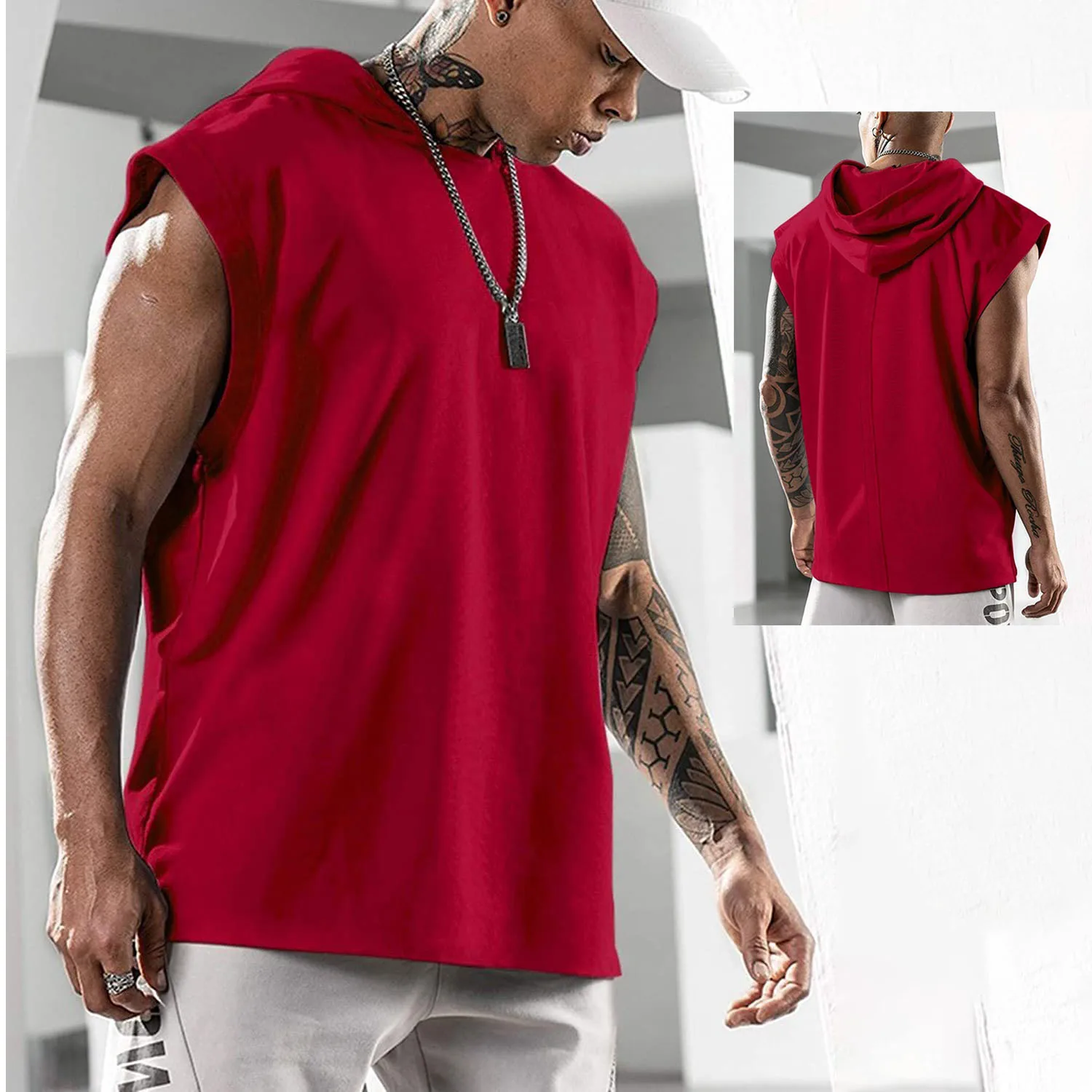 

Wholesale Sleeveless Leisure Oversize Hoodie Solid Color Quick Dry Sweatshirts Men Pull Over Off Shoulder Gym Fitness Men Tops
