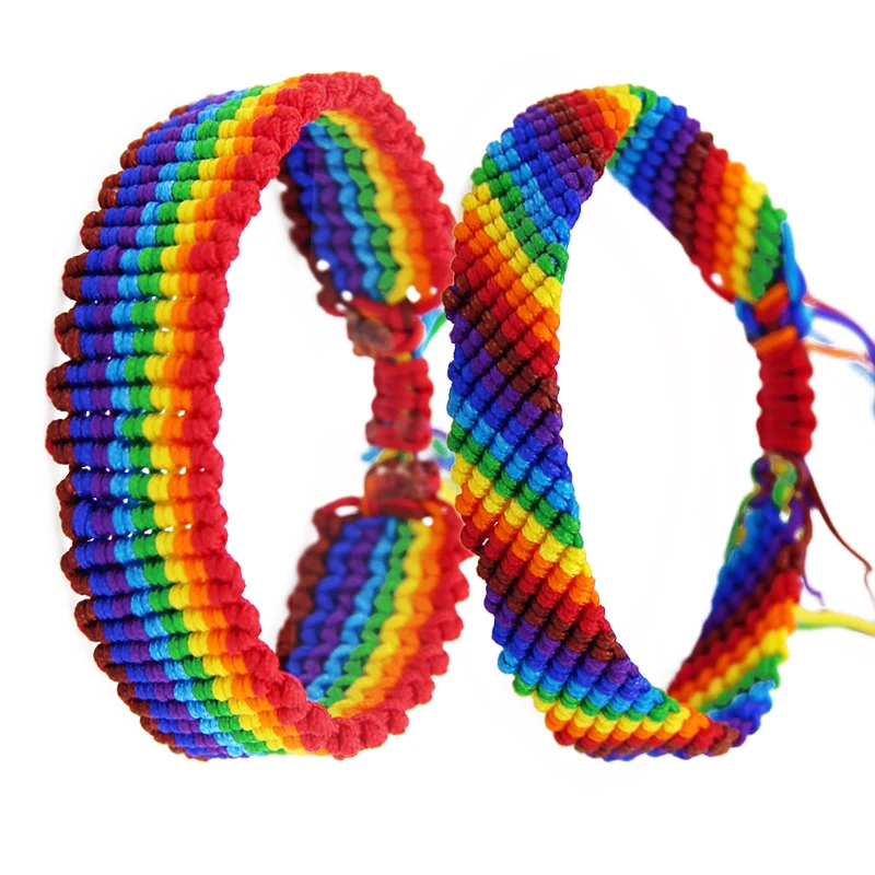 

2021 Custom Handmade Designer Large Soft Rainbow Gay Pride Rainbow Hollow Mexican Woven Wax Friendship Rope Bracelets