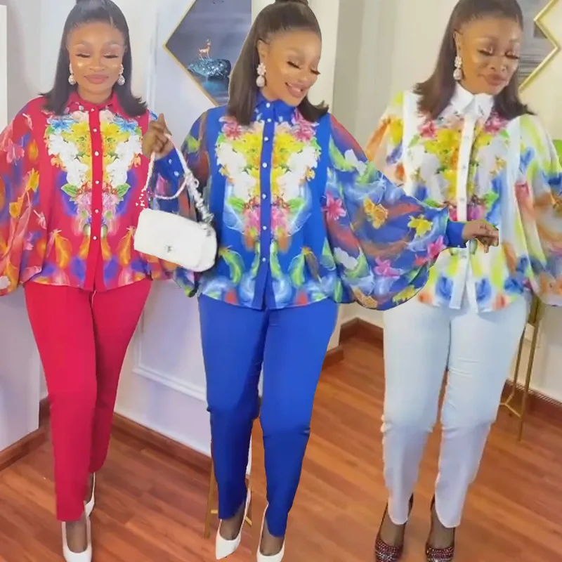 

2022 autumn new Amazon African plus size Middle East women's two-piece printed bat sleeve shirt solid color trousers suit