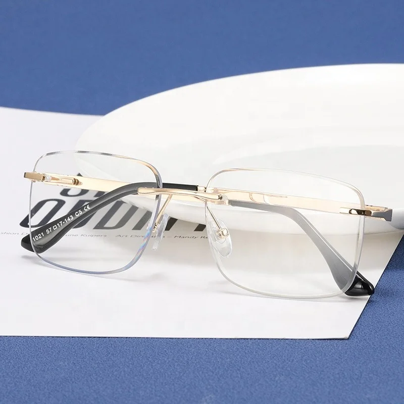

Jiuling eyewear custom myopia optical lens glasses designer frameless eye glasses rectangle anti blue ray rimless eyeglasses