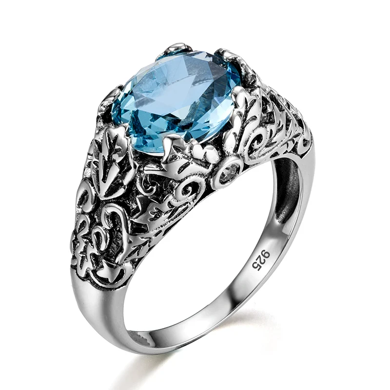 

Women Popular Antique Jewelry 925 Sterling Silver Oval Aquamarine Gemstone Rings